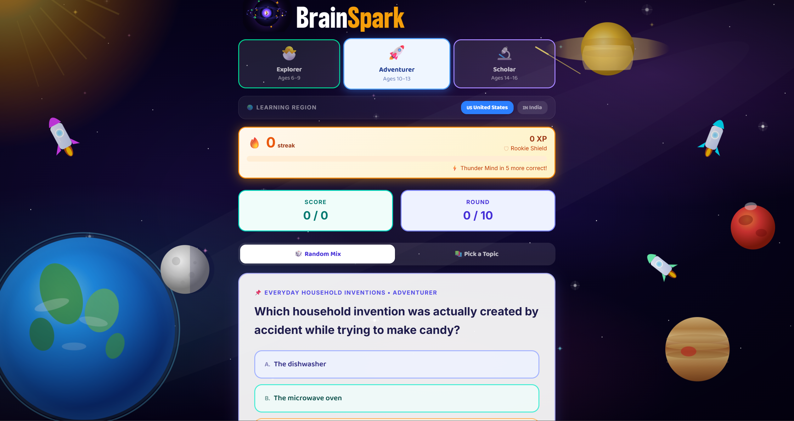 BrainSpark quiz interface showing age bands and a quiz question